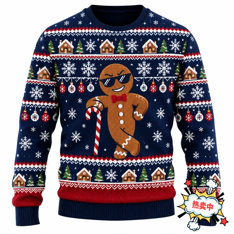 Funny Gingerbread Man Graphic Men Ugly Christmas Sweatshirt 3D Print Cookie Long Sleeve Sweater Winter Xmas Pullover Gift Unisex