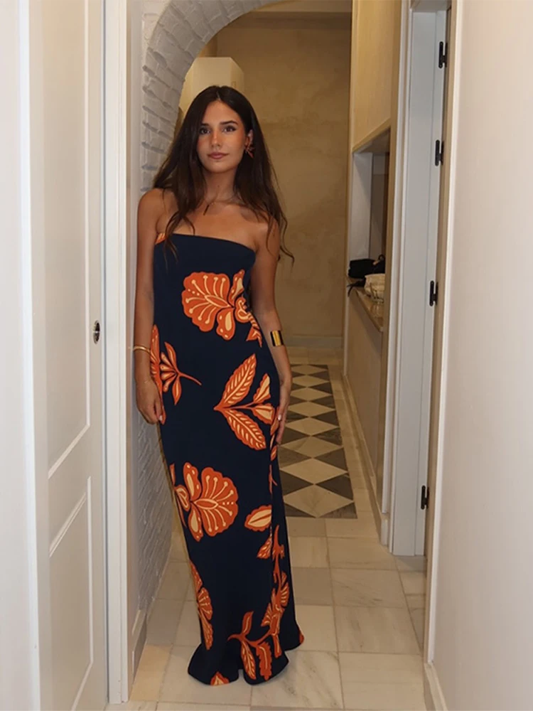 

Strapless Printed Long Dress Mesh Sexy Backless Slimming Casual Fashion Elegant Robes Vacation Women Beach Dresses Summer Outfit