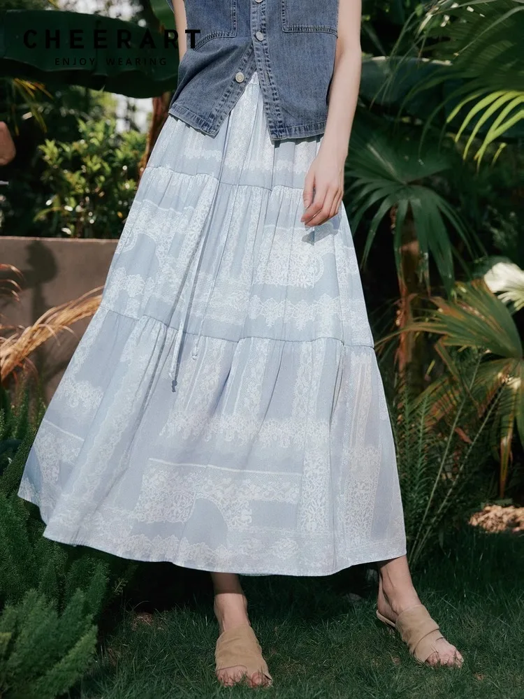 CHEERART Boho Floral Summer Skirt For Woman 2025 Bohemian Yellow Blue A Line Midi Long Skirt Vacation Holiday Beach Bottoms