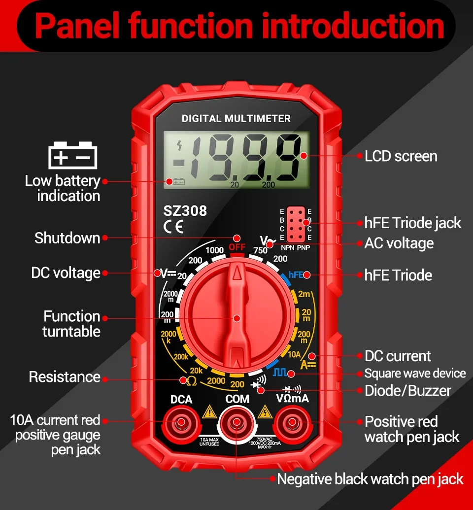 Digitales Multimeter, Rechteckwellen-Tester ANENG SZ308, Spannungs- und Widerstandsmessgerät, AC/DC-Strommessgerät, Elektriker-LCD-Hintergrundbeleuchtung, Ohmmeter-Werkzeug – Detail 18