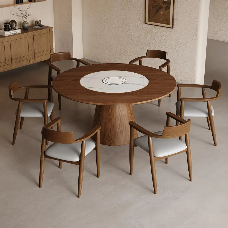 A Medieval solid wood round dining table Household built-in induction cooker turntable round table