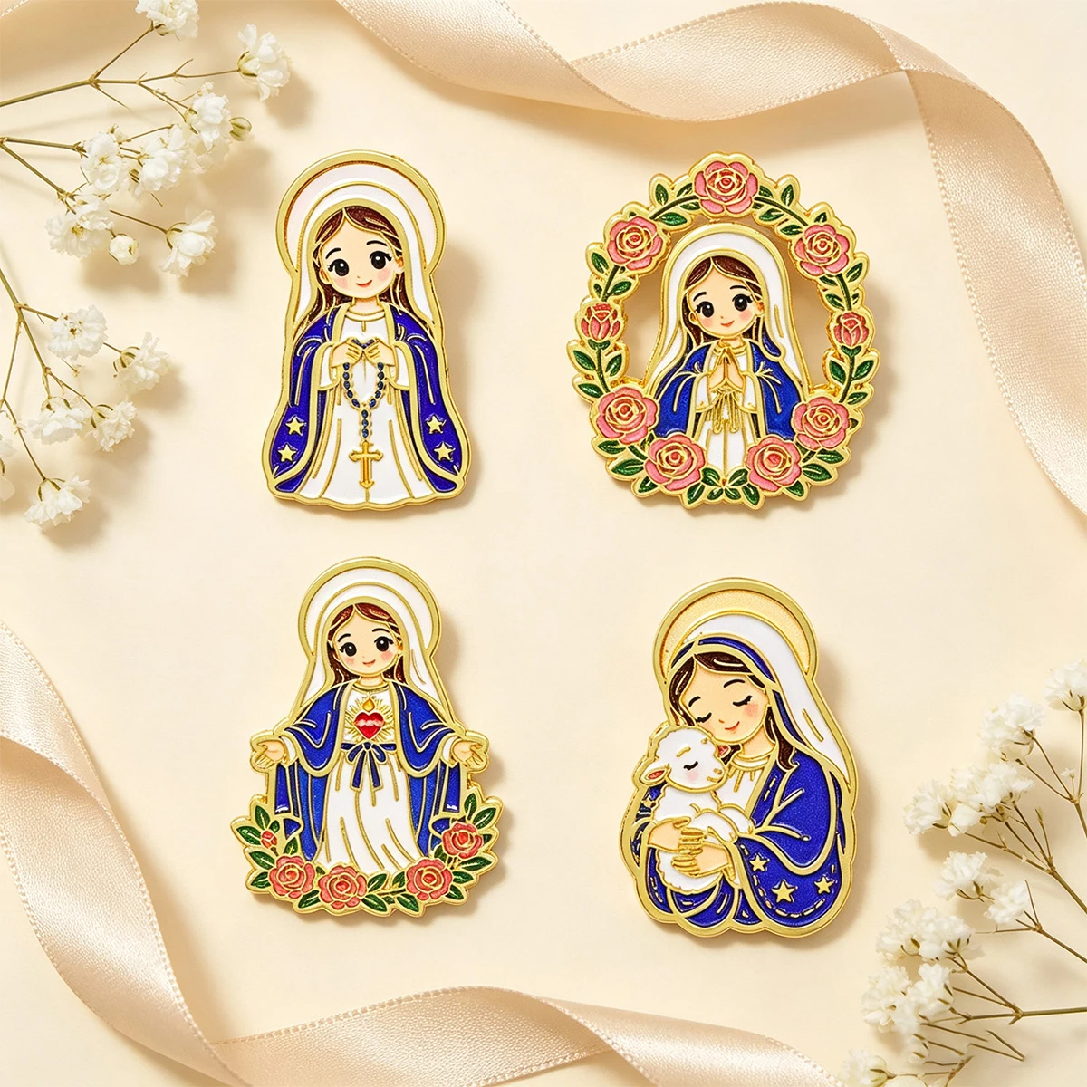 4-teiliges Kawaii religiöses Jungfrau-Maria-Broschen-Set, florale Emaille-Anstecknadel für Rucksack- und Kleidungsdekoration, Geschenk mit Glaubensthema – Detail 6