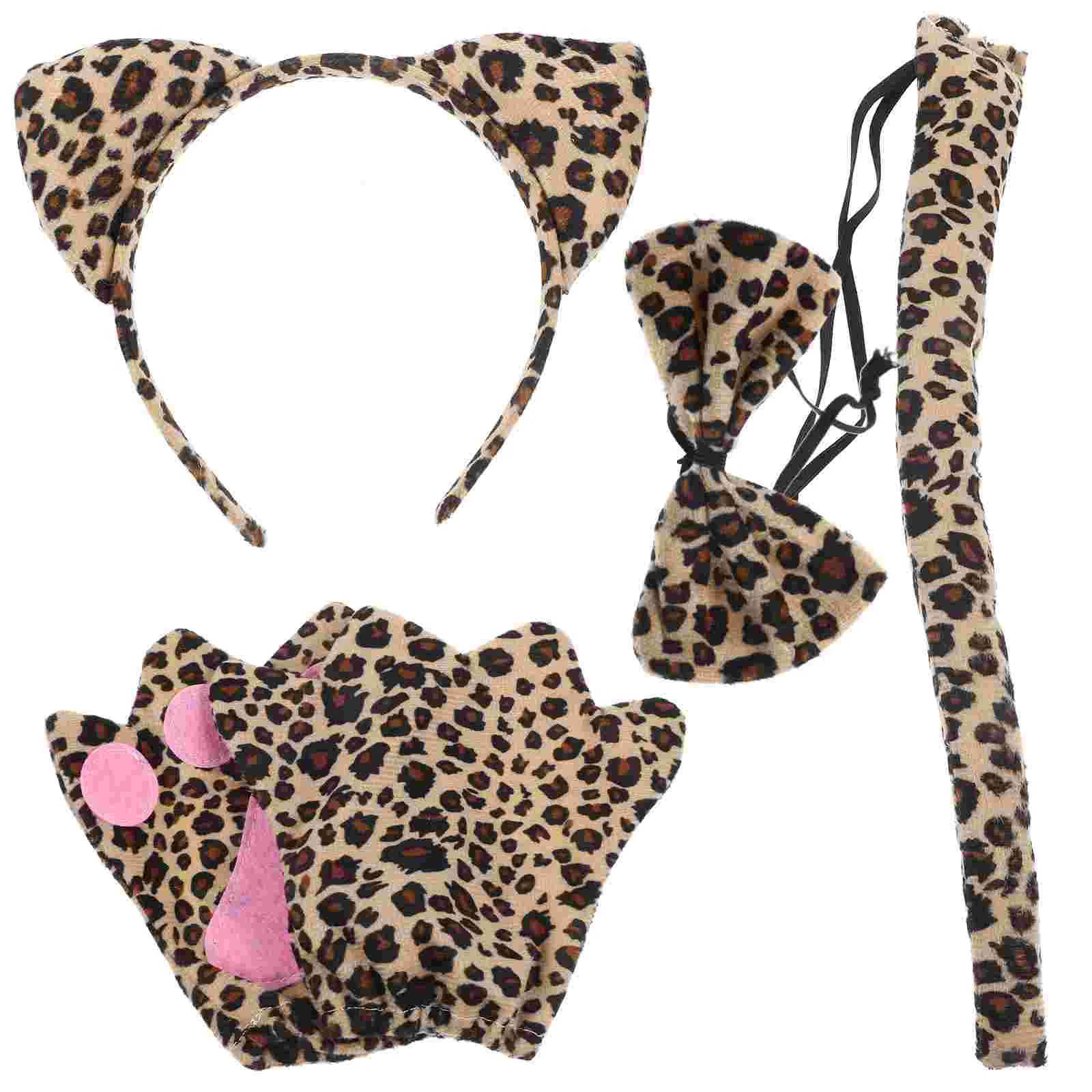 4 Piece Leopard Headband Set Animal Cosplay Accessory Halloween Costume Adult Party Headband Ears Tail Gloves Birthday Christmas