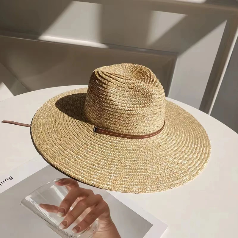 Sombrero de Sol de paja con correa para mujer, sombreros de ala ancha con protección UV para playa y vacaciones, Panamá, venta al por mayor, 2024