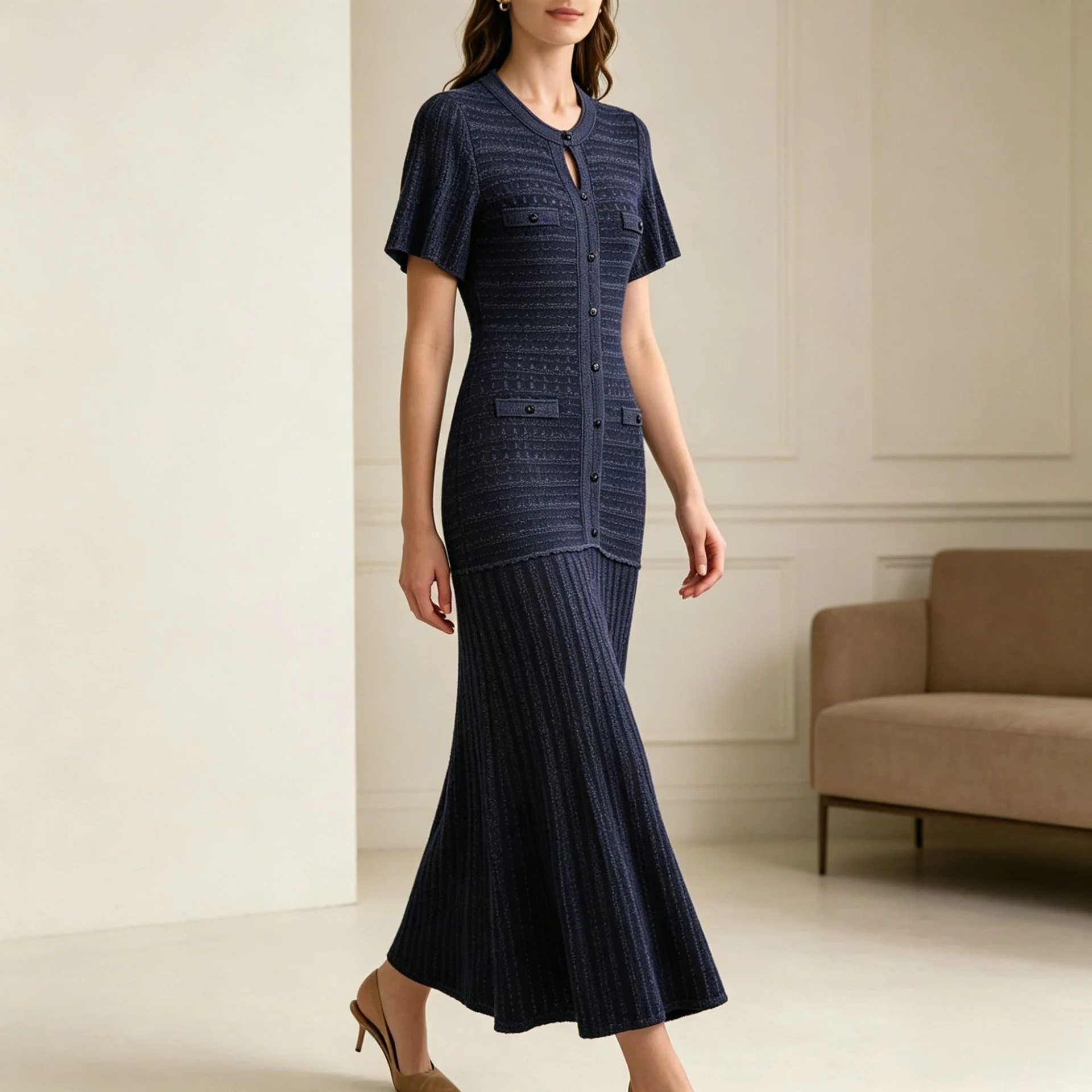 

Luxury Womens Summer Solid Color Tweed Knit Maxi Dress Elegant Short Sleeve Button Front Pockets Mermaid Hem Formal Party Dress