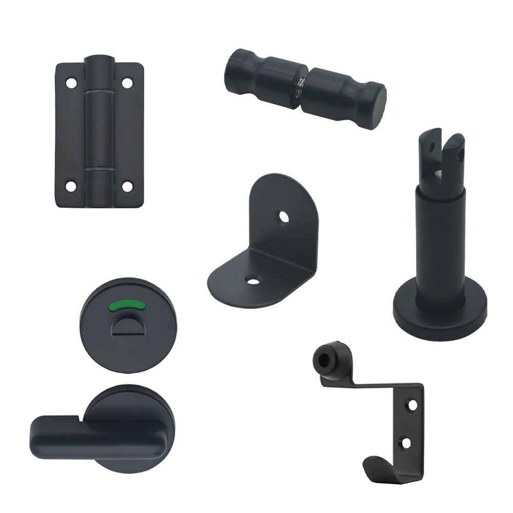 

Spanish Style High Quality Public Toilet Hardware Cubicle Fittings 304 Stainless Steel Black Toilet Partition Accessories