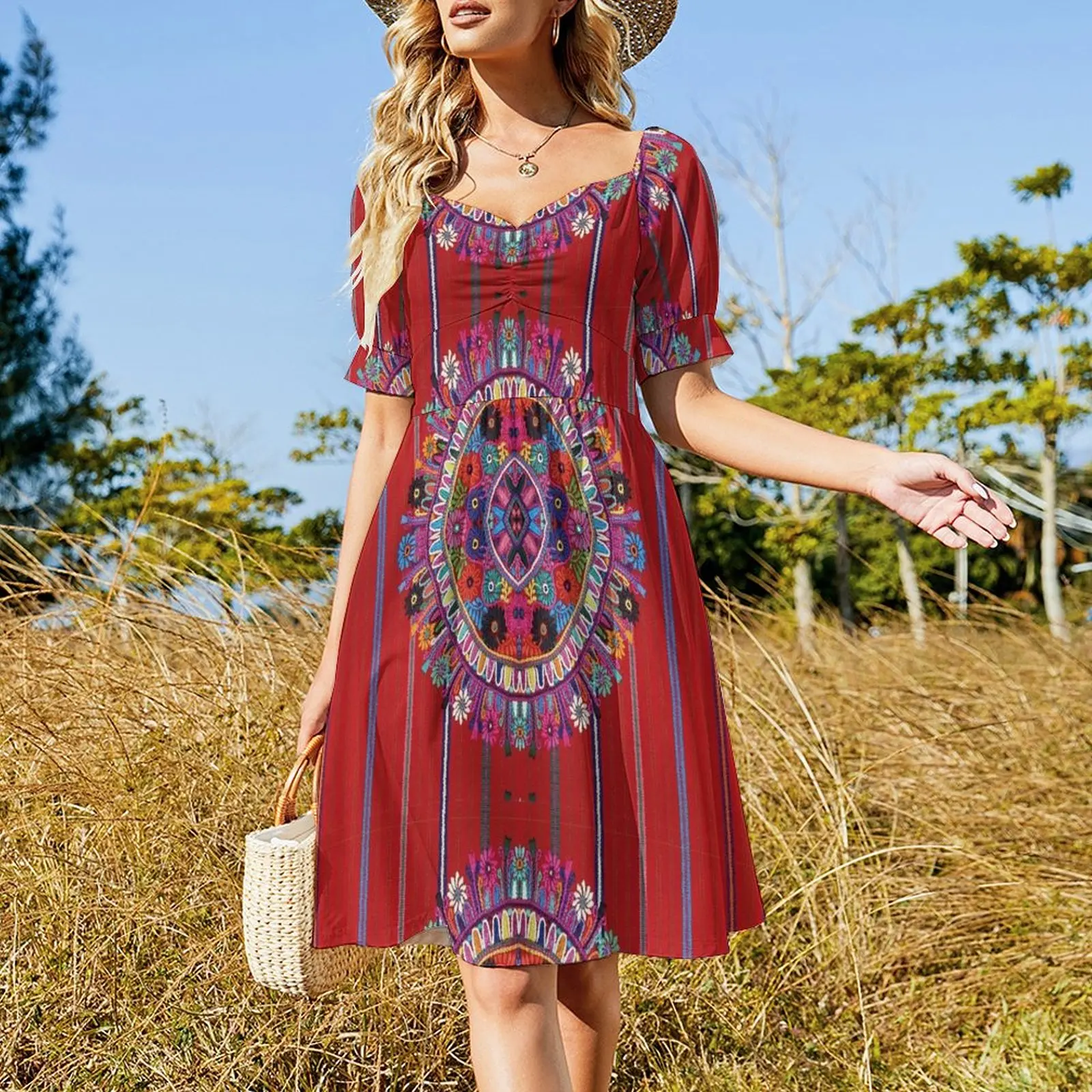 Flower Circles Mayan Design Short Sleeved Dress Beachwear womans clothing Dress