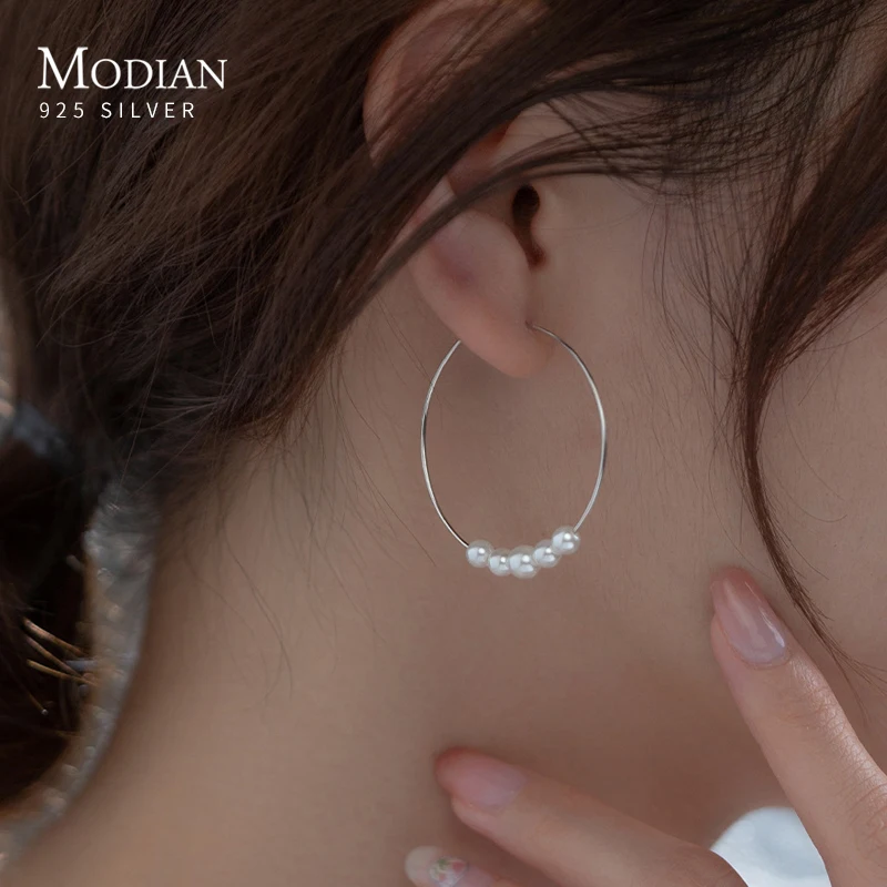 

MODIAN стерлингового серебра 925 пробы, простые большие круглые серьги-кольца для женщин, модные повседневные вечерние жемчужные уши с пряжкой, ювелирные изделия, подарки