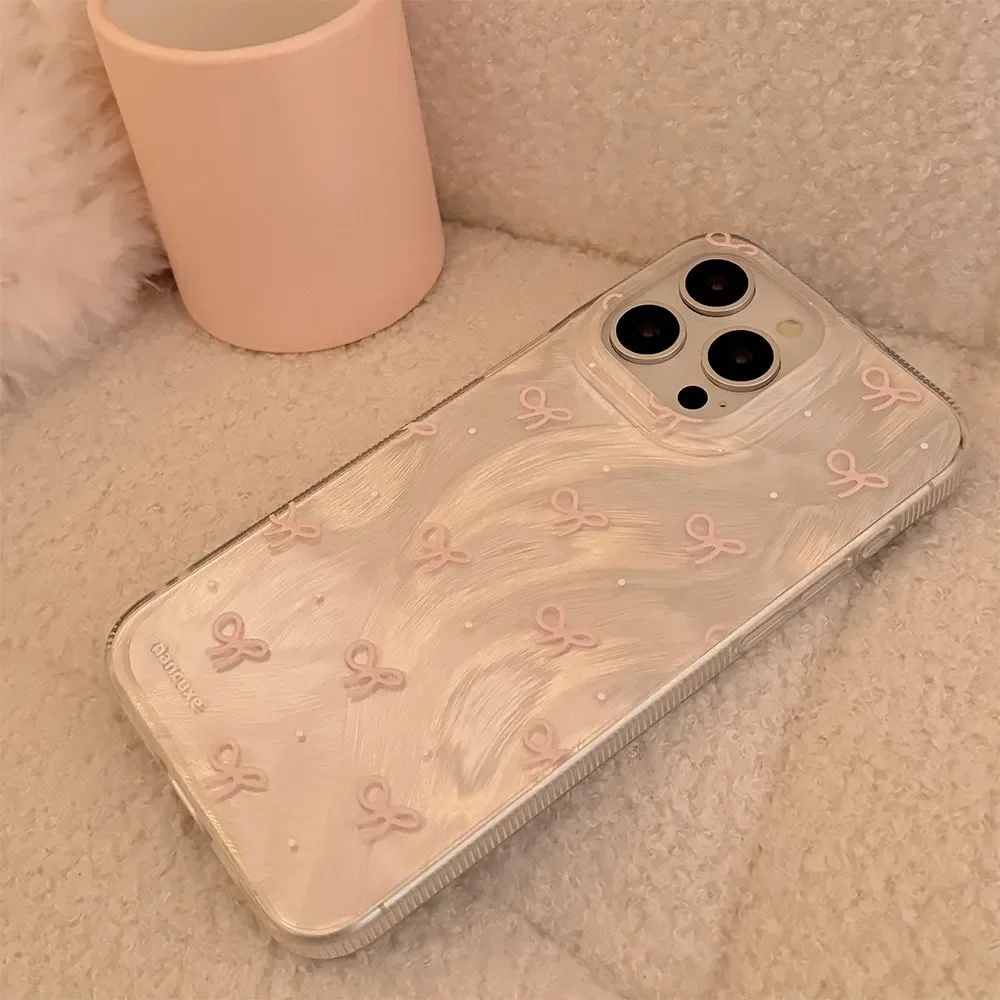Ins Pink bow tie Phone Case For iPhone16Pro Max15 14 13 12 11 XR XS Max78Y2K Light luxury Feather gauzeSoft anti fall Phone Case