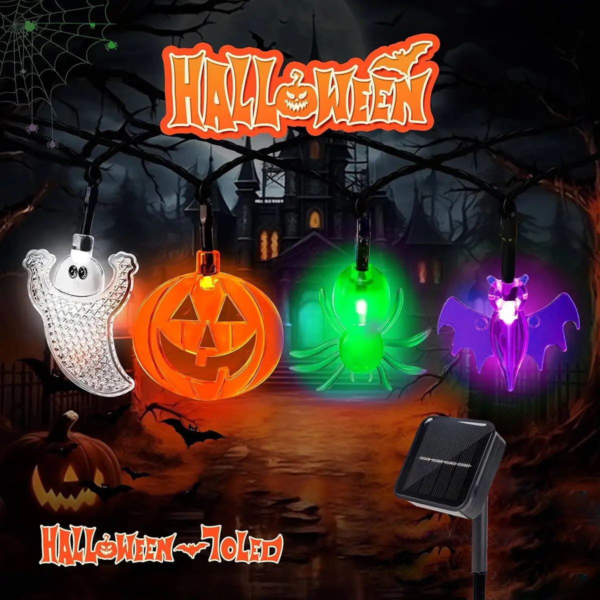 Pop 1pc 20/30LED Halloween 3D Pumpkin Bat Ghost Spider Solar String Lights With 8 Lighting Mode For Home Garden Halloween Decora