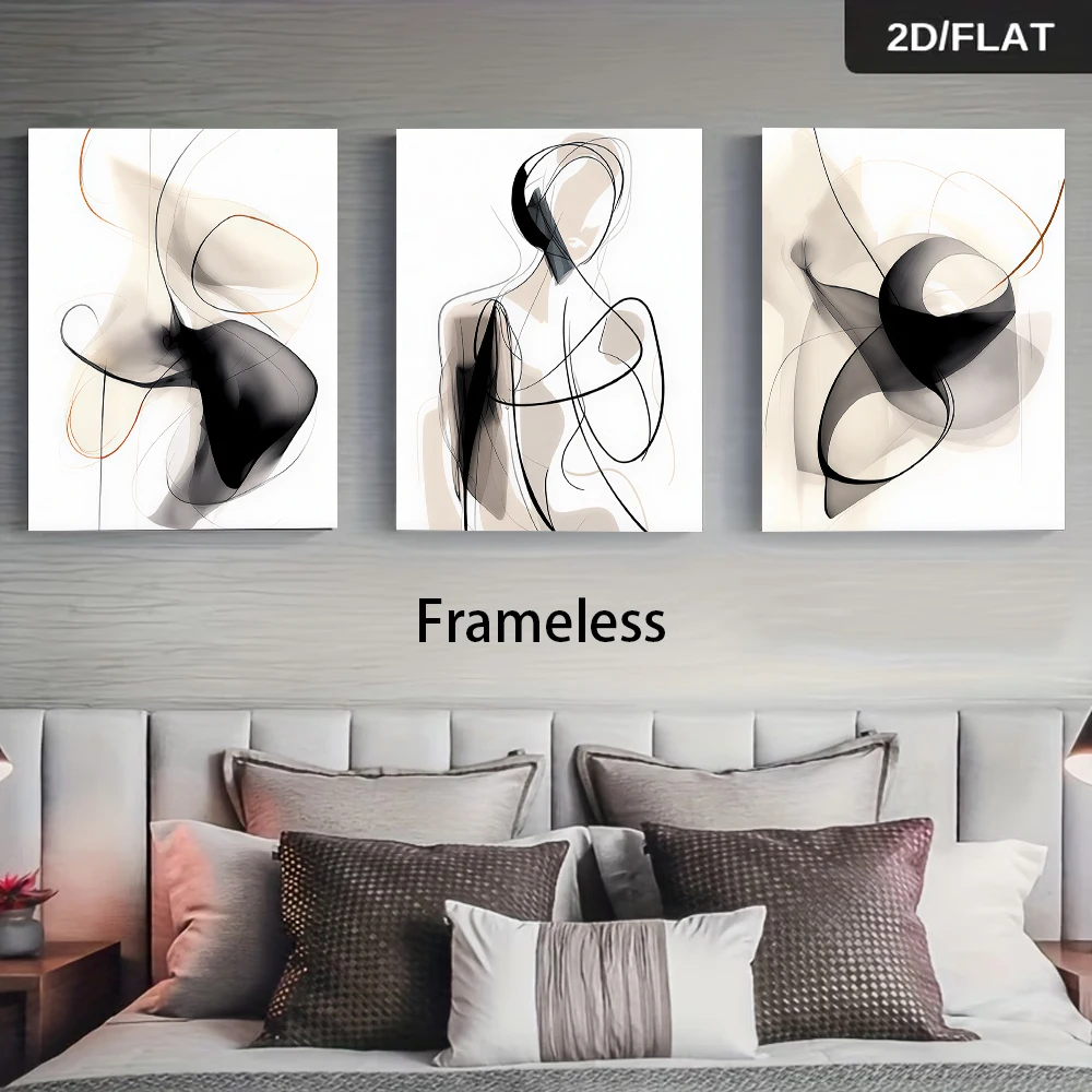 1 set of modern three-panel frameless decorative paintings, black and white line drawing of abstract figures, 2D flat design.