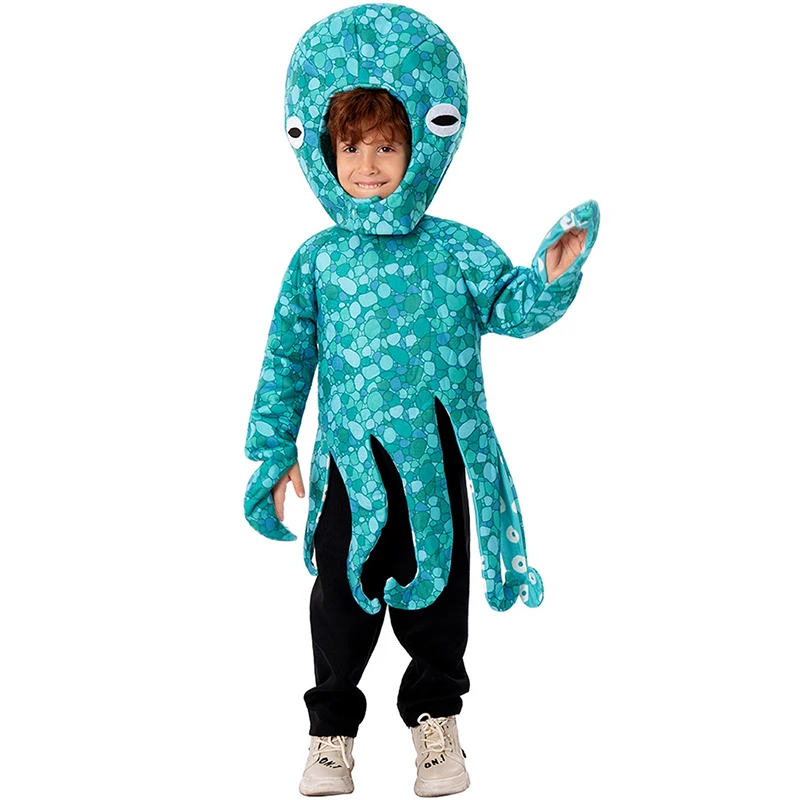 Kid's Blue Octopus Costume Under The Sea Funny Animal Cosplay Tunic Hat Set Boys Toddler Squid Costume Halloween Party Dress Up