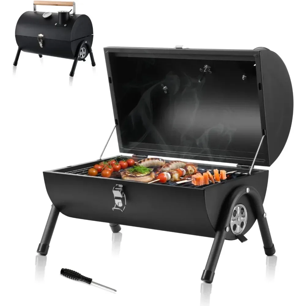 

Portable Charcoal Grill, Small Folding Outdoor Grill, Mini Black Barbecue Grill with Thermometer, Compact Tabletop