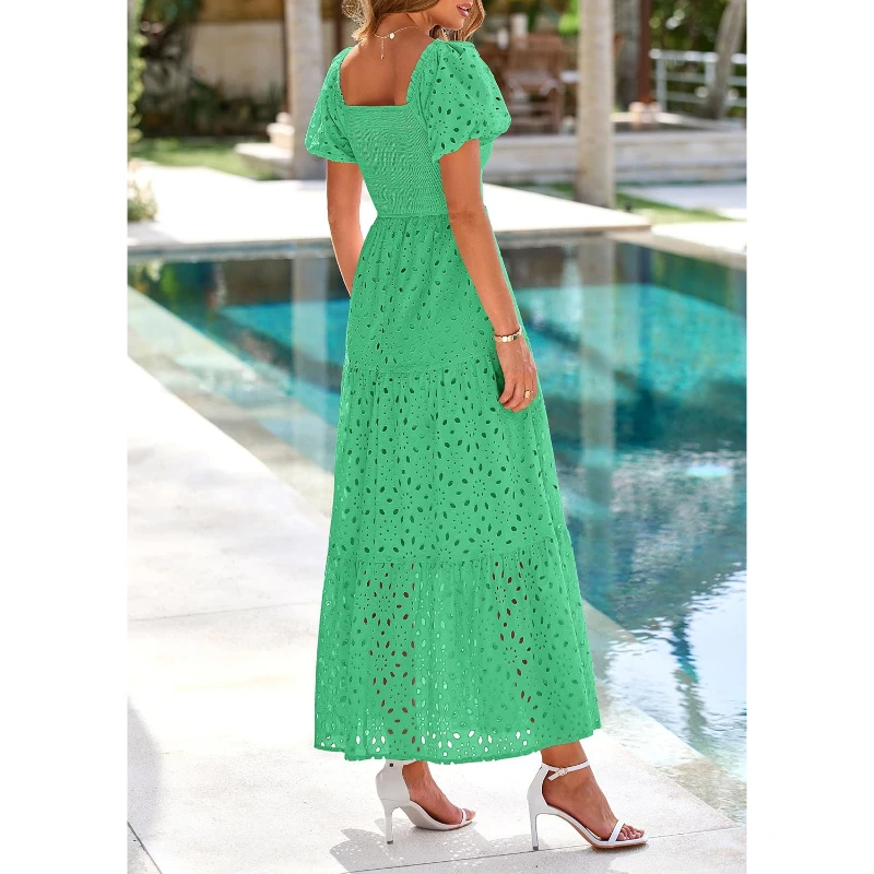 Abiti estivi da donna 2025 Abito lungo con occhielli e collo quadrato con maniche a sbuffo e smock per invitati al matrimonio con tasche