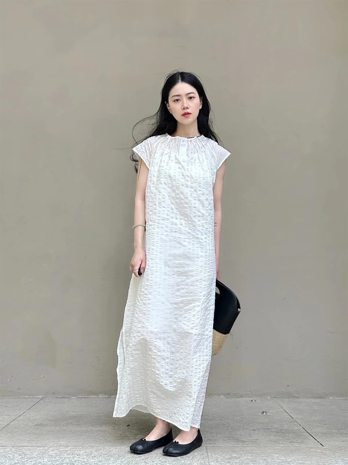 

Ele White Dr with Fly Sve Textured A-Line Skirt Lightweight Luxury Spring Autumn Ladies Faion round Ne