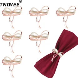 6Pcs Bow Rose Gold Napkin Rings Pearls Napkin Holders for Wedding Banquet Home Party Dining Table Decoratios ERP34