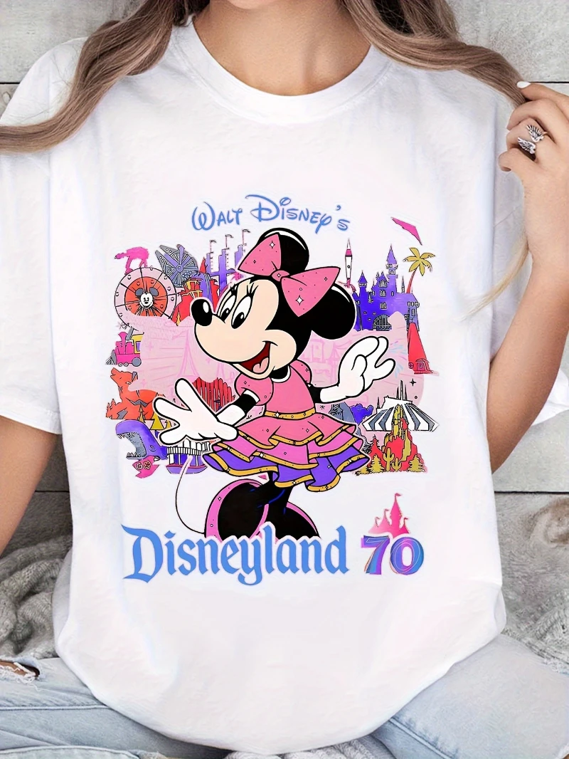 

Женская футболка Disney Minnie Mouse Disneyland в честь 70-летия — летняя дышащая повседневная рубашка с короткими рукавами и круглым вырезом