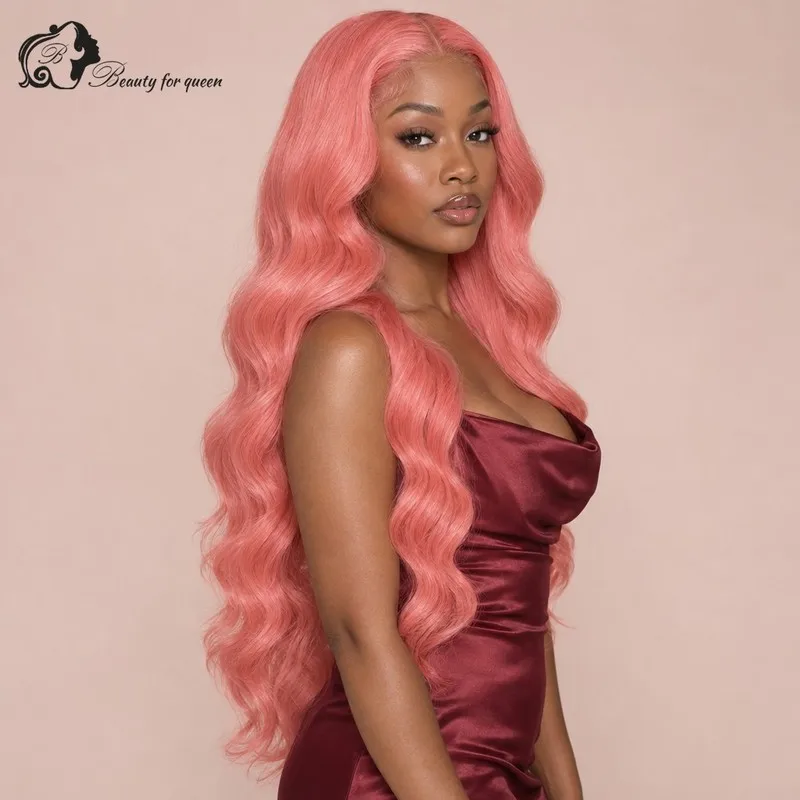 Coral Pink Body Wave Wig Long HD Lace Soft For Women Heat Friendly Voluminous Middle Part Smooth 180 Density Quality Sleek