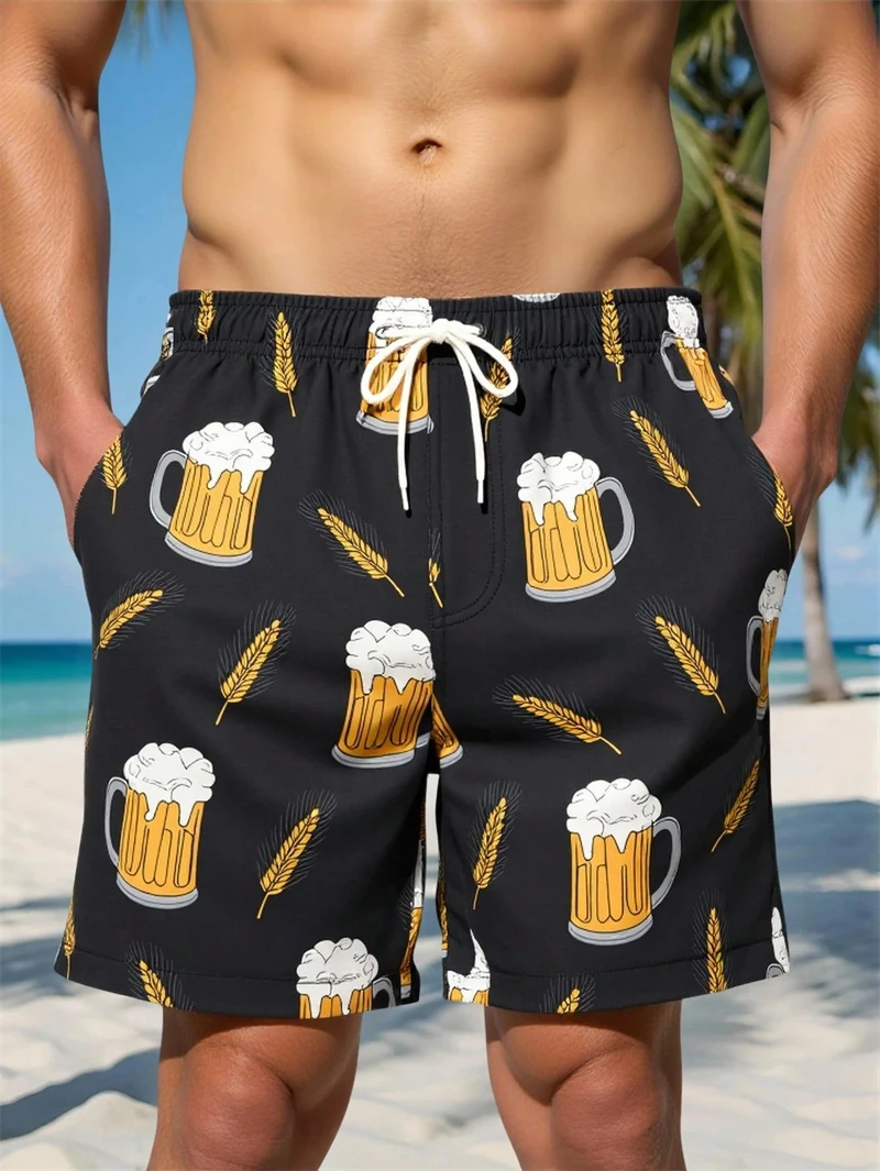 

Funny Beer Graphic Beach Shirts For Men Summer Casual Holiday Vacation Party 3D Printed Short Pants Loose Breathable Board Short