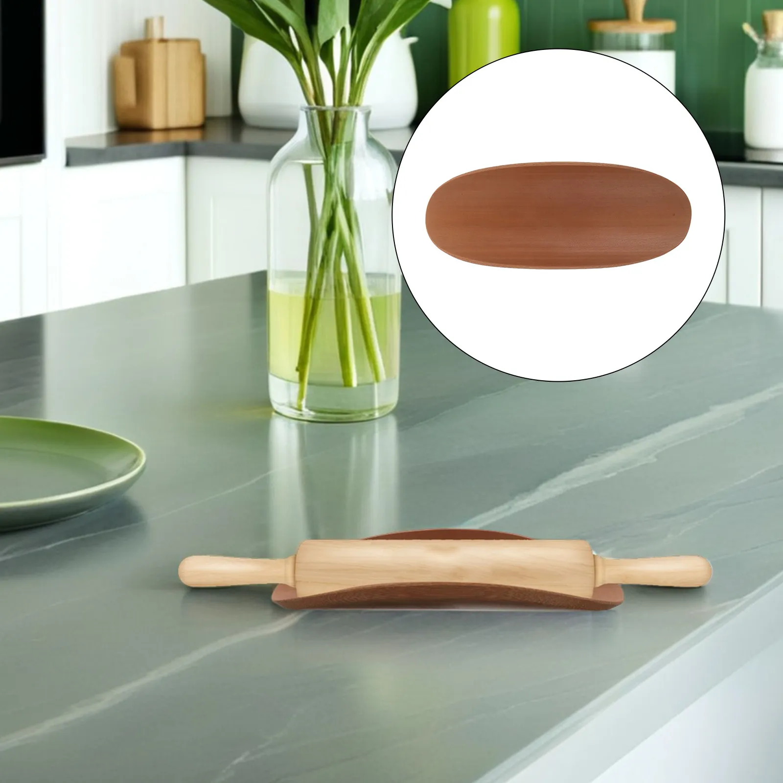 Bamboo Rolling Pin Holder with Grooved Base – Solid Wood Pastry Roller Stand for Countertop Baking Organizer