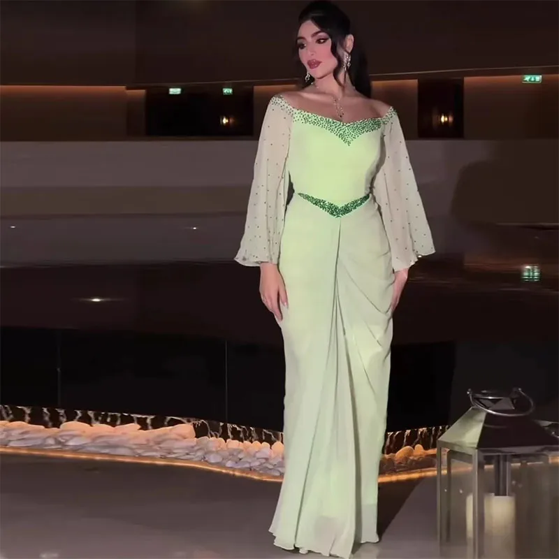 

Green Beads Off the Shoulder Evening Dresses V Neck Pick-up Sheath Formal Gown Floor Length Chiffon Arabic Dubai Prom Dress