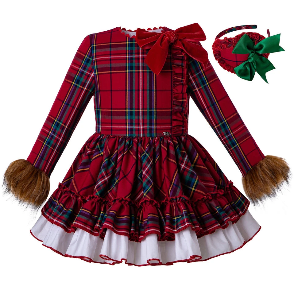 Pettigirl Fall and Winter Kids Christmas Red Classic Plaid Girls Long Sleeve Bow Dress with Headwear