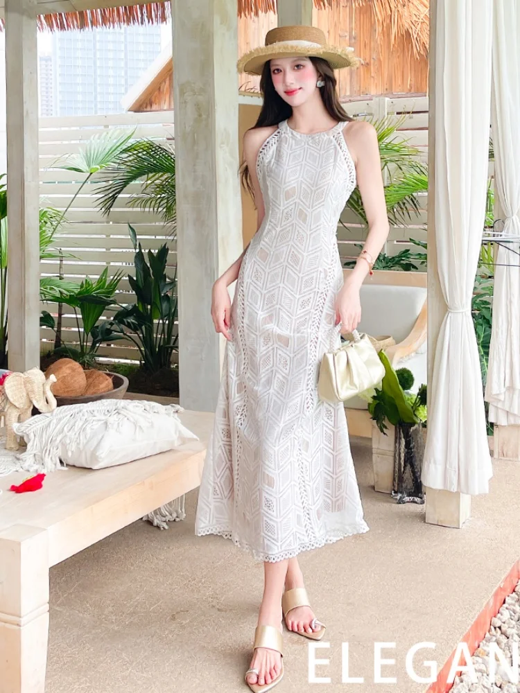 Sukienka damska z koronki, ażurowa, w kształcie litery A, z dekoltem typu O, bez rękawów, z wysokim stanem, elegancka, nowa odzież damska.