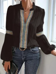 Retro Design V-Neck Bubble Sleeve Shirt Women's Spring Autumn Blouse Lady Color Blocked Party Top