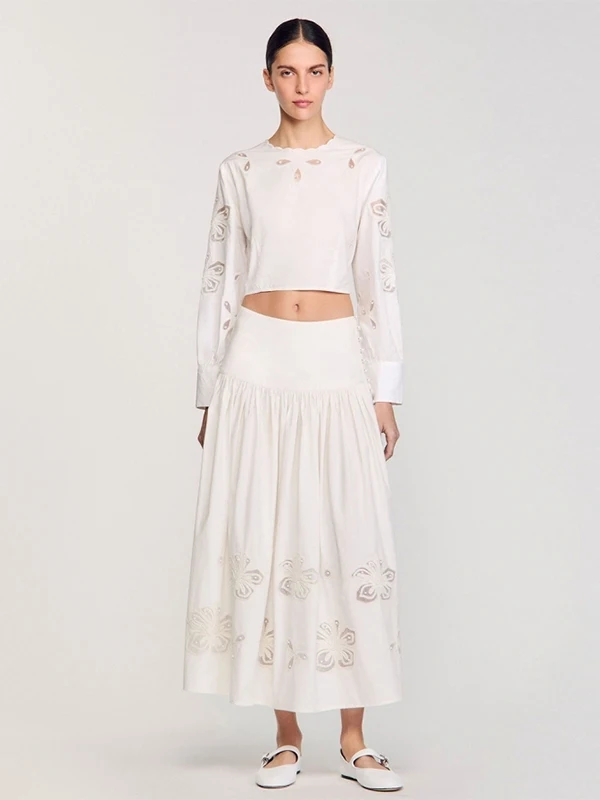 

Ele Pearl Hollow out Flower f Skirt Summer New Arrival Women's Faion by PATADSS mid Waist A-Line Long Skirt