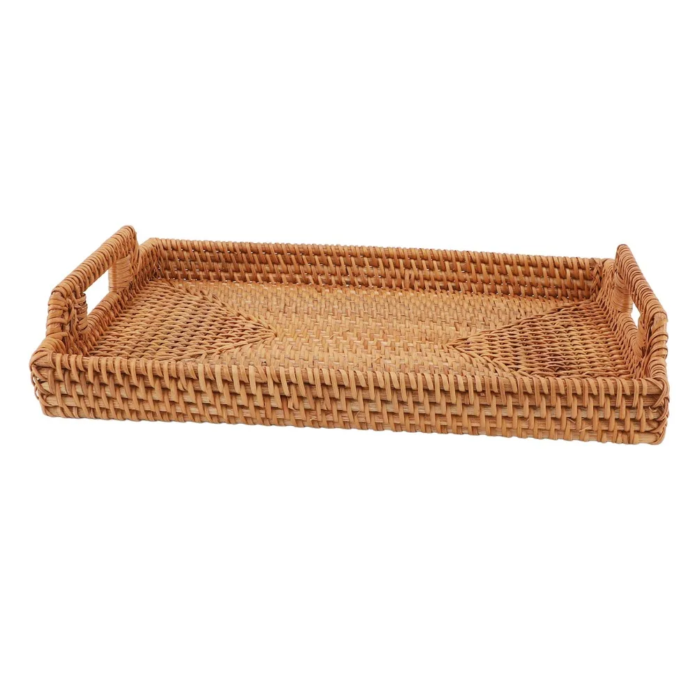 Woven Fiber Tray with Handles Woven Craft Rectangular Serving Tray Side Handles Lightweight Food Platter Coffee Table