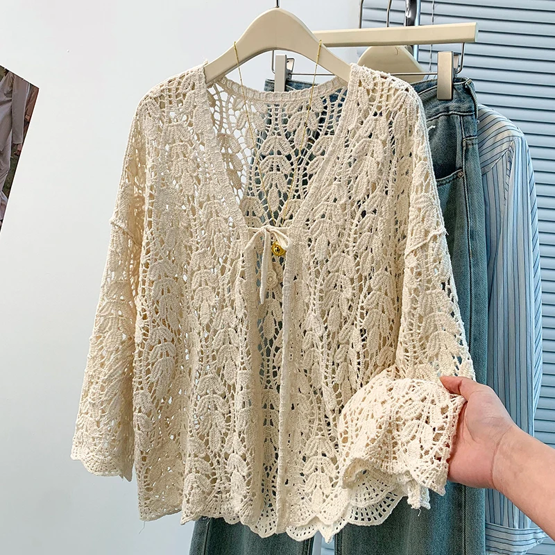 

Spring New Bohemian Hollow out Hook Flower Versatile Anti-Aging Open Cardigan Outer Shirt Hollow Pure Color Thin Cardigan