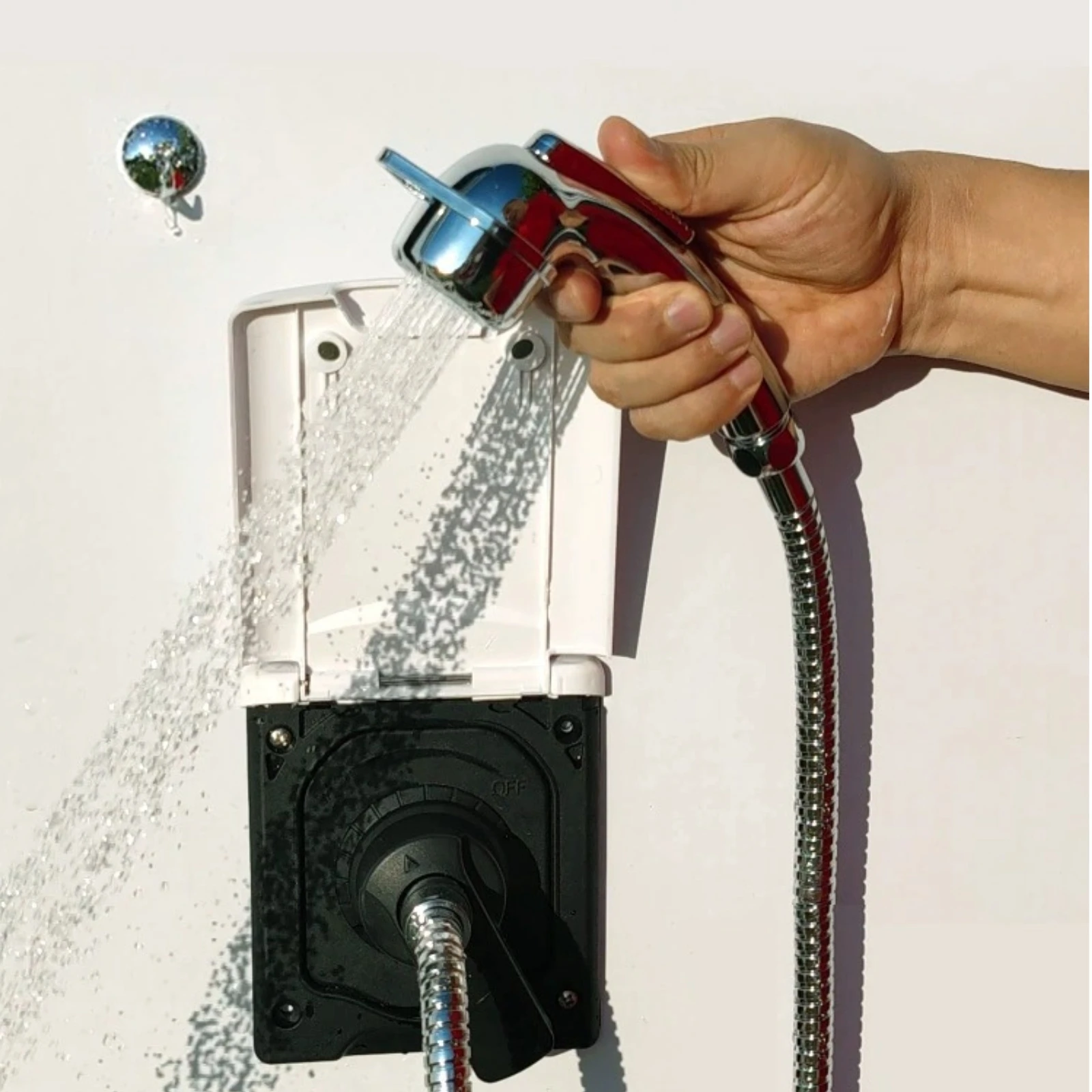 Embedded Hot and Cold Shower Unit Coiled Hose Recessed Shower Station Bath Hardware Hinged Cover for RV, Boat view 3