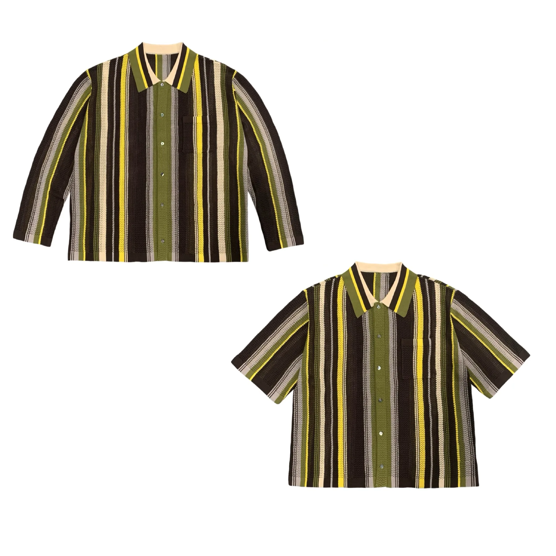 

American Retro Street Hollow Knit Cardigan Unisex Lapel Striped Long Sleeves Shirts