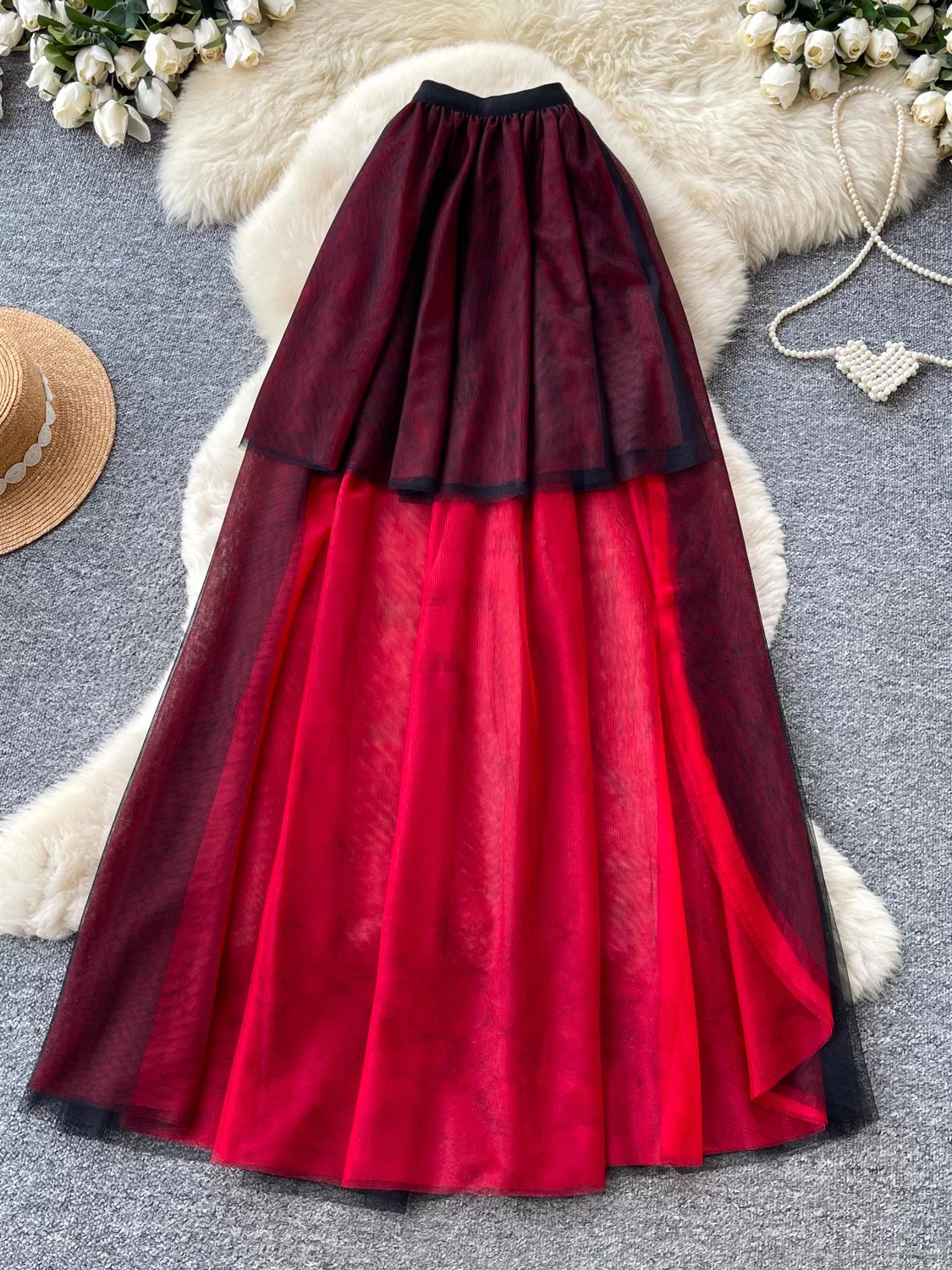 Women's Red Mesh Patchwork Skirt High Waist A-Line Tutu Skirt Y2K Gyaru Vintage Fashion Elegant Long Skirt for Women Summer 2026