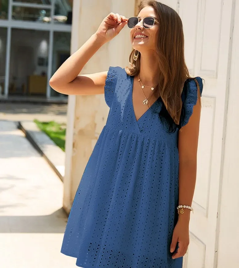 

2024 Summer V-neck Short Sleeved Cotton High Waist Dress Elegant Commuter Women's Mid Length Skirt