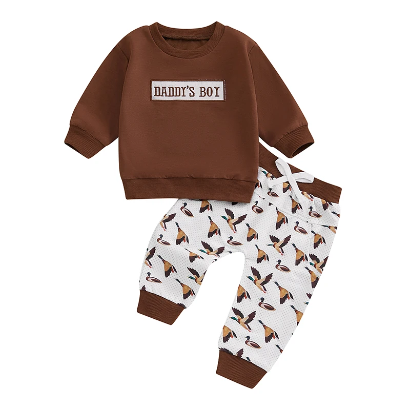 Baby Boy 2Pcs Fall Outfit Long Sleeve Letter Sweatshirt Duck Print Pants Set Toddler Clothes