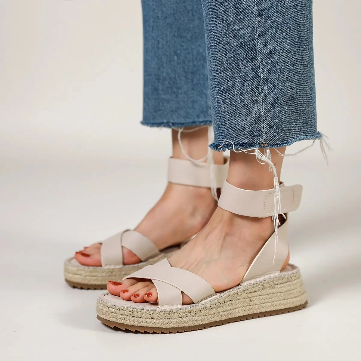 

Wedge Sandals One Strap Sandals Cowhide Summer Lady Hemp Vintage Shoes Woman Espadrilles Womens Platform Sandal Gladiator Shoes