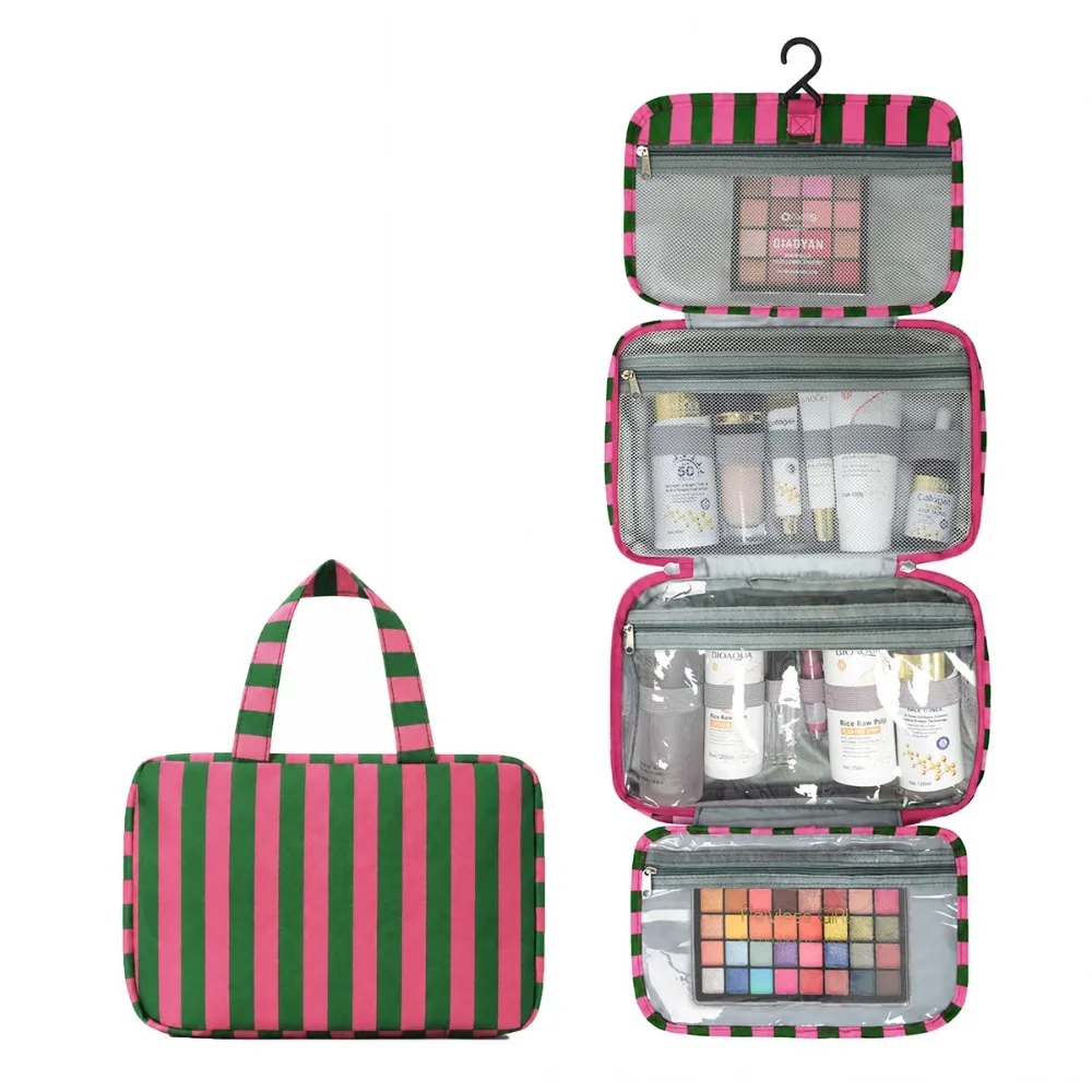 Striped Toiletry Bag 4 Compartments Foldable Striped Pouch with Hook |Traveling Toiletry Bags for Cabinet Closet Shower Suitcase