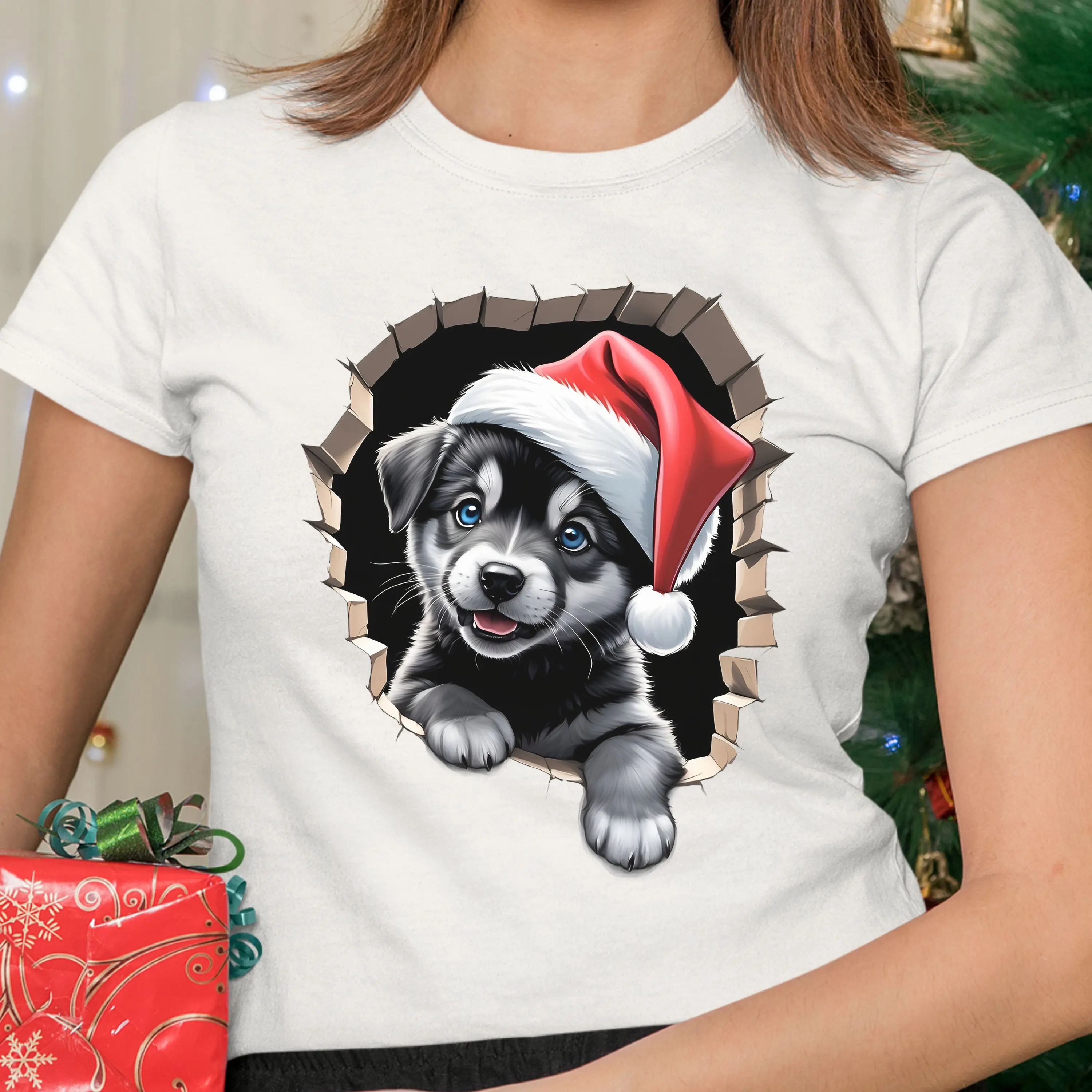 Adorable Huskey Puppy Dog Wearing Santa Hat Peeking Hole Christmas Holiday T Shirt pet lovers gift owner