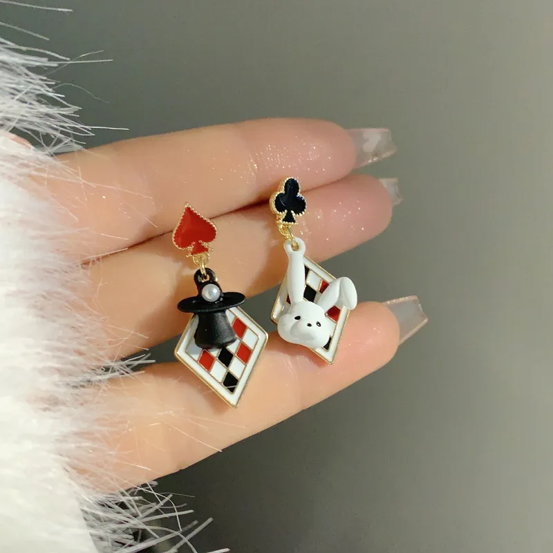 New fun and niche rabbit color blocking design earrings with personalized and trendy plum blossom and spade earrings