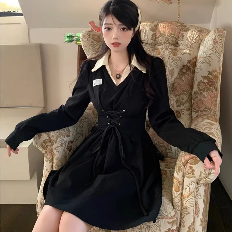 Lace-up Fake Two-piece Dresses Women Autumn New High Waist Thin A-line Polo-neck Long Sleeve Solid Color Fashion Dresses Female