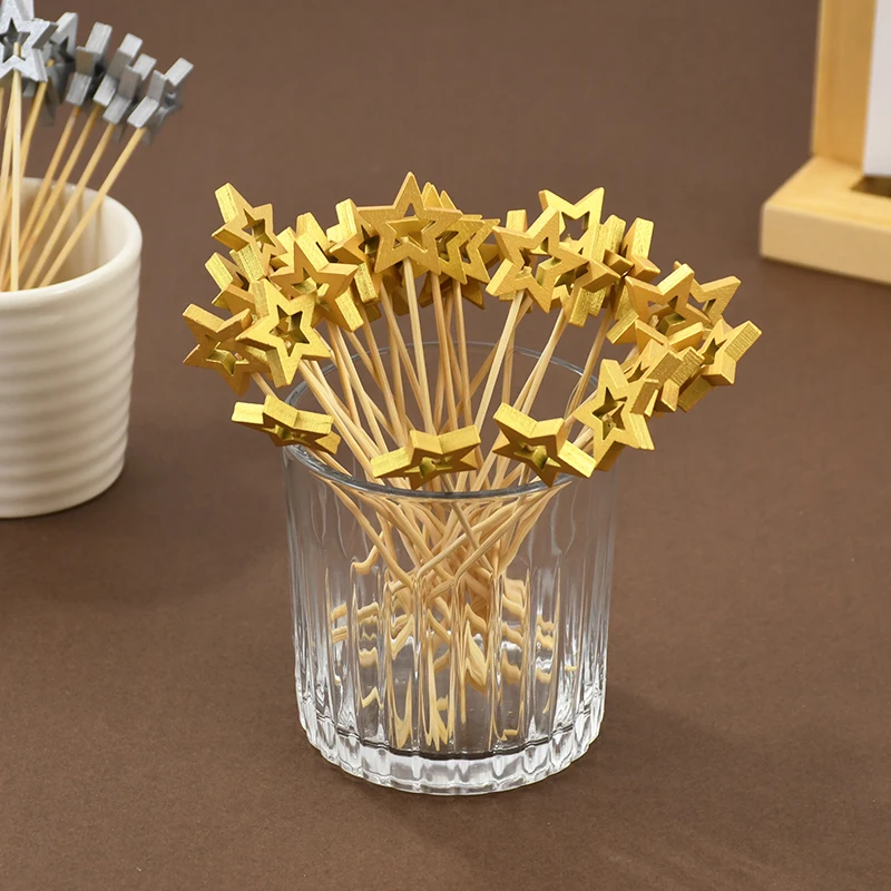 50PCS Star Disposable Bamboo Skewers Wedding Fruit Cake Fork Buffet Food Cocktail Picks Stick For Birthday Christmas Party Decor