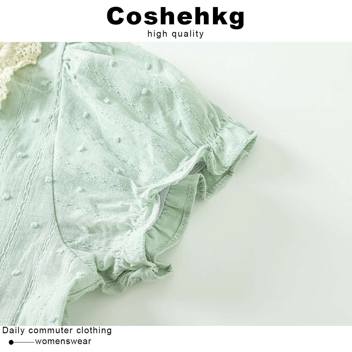 Coehkg Summer New Loose Bubble Sve Ruffle Lace Trim round Ne irt Women's Faion French Sle Button Detail irt