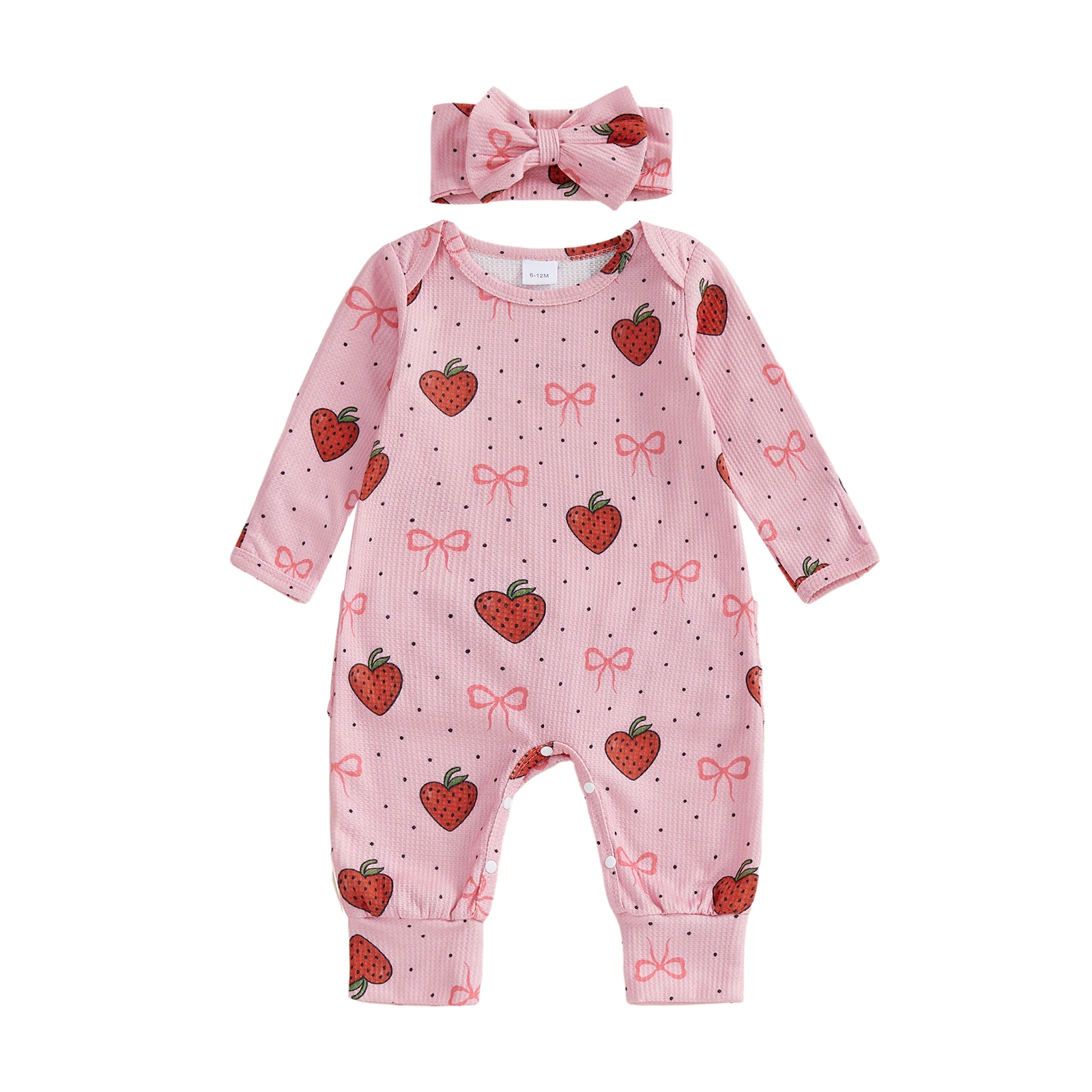 2-teiliges Herbst-Outfit für Kleinkinder, Mädchen, langärmelig, Rundhalsausschnitt, Erdbeer-Druck, Strampler mit Schleife und Stirnband
