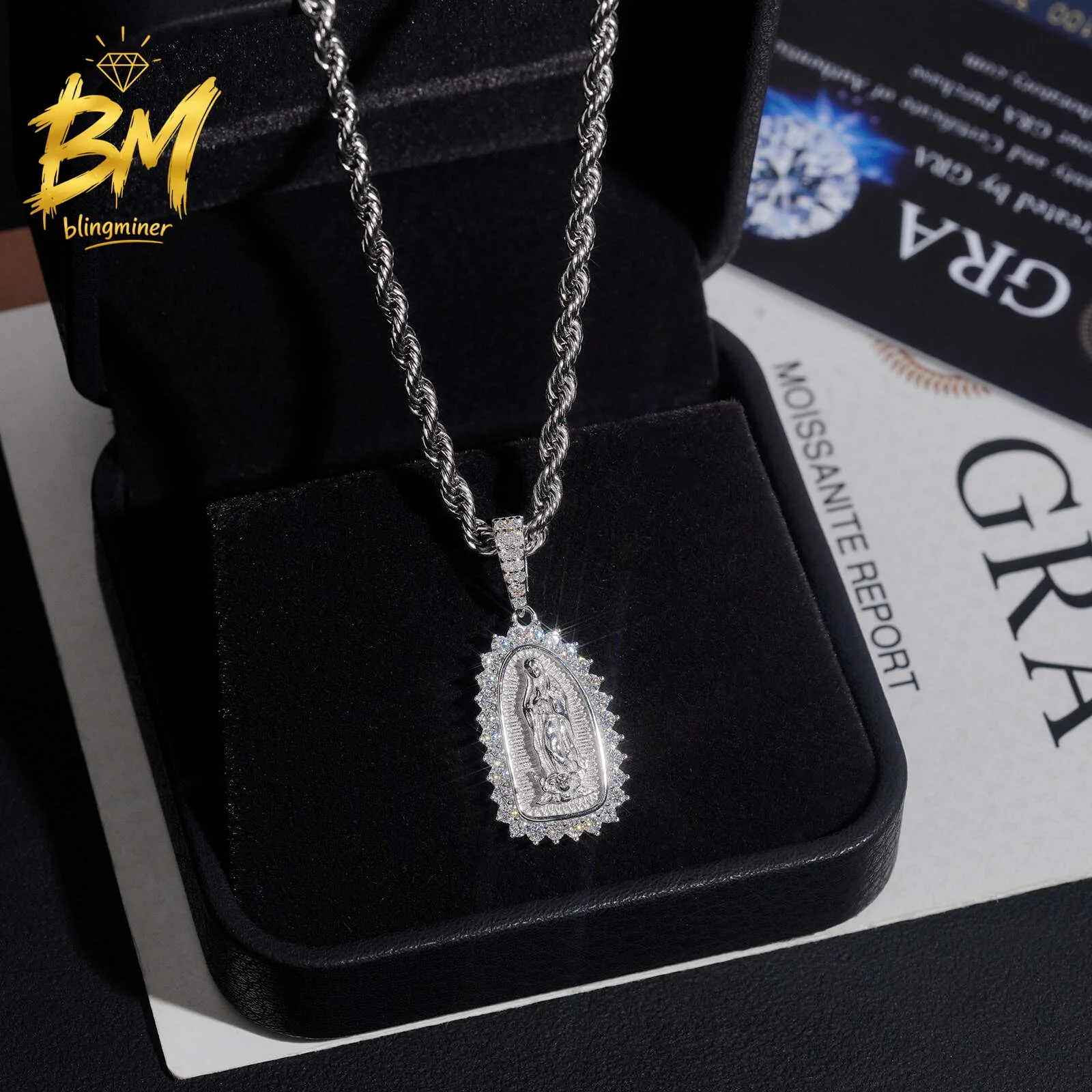 Blingminer Elegant Details the Virgin Mary VVS Moissanite Pendant For Men Women S925 Silver Pendants Jewelry Pass Diamonds Teste