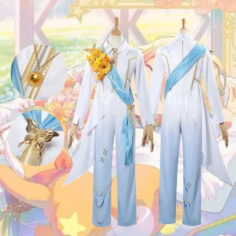 

Game Tenma Tsukasa Cosplay White Elegant Gown Costume Suit Top Pants with Accessories Full Set Role Play Outfit for Men