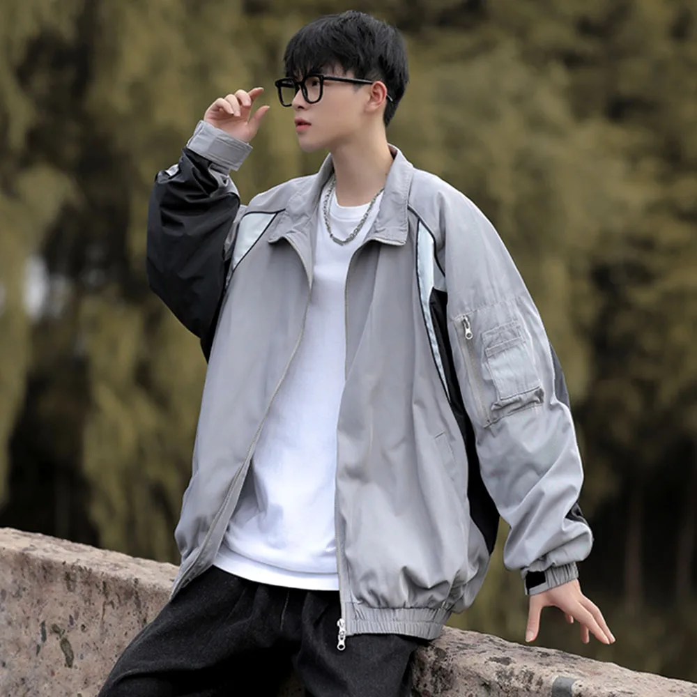 Japanese Men's Y2k Tracksuit Grey Blazer Bomber Varsity Jacket Coat Streetwear Pilot For Men Korean Clothes Style 2023 Techwear