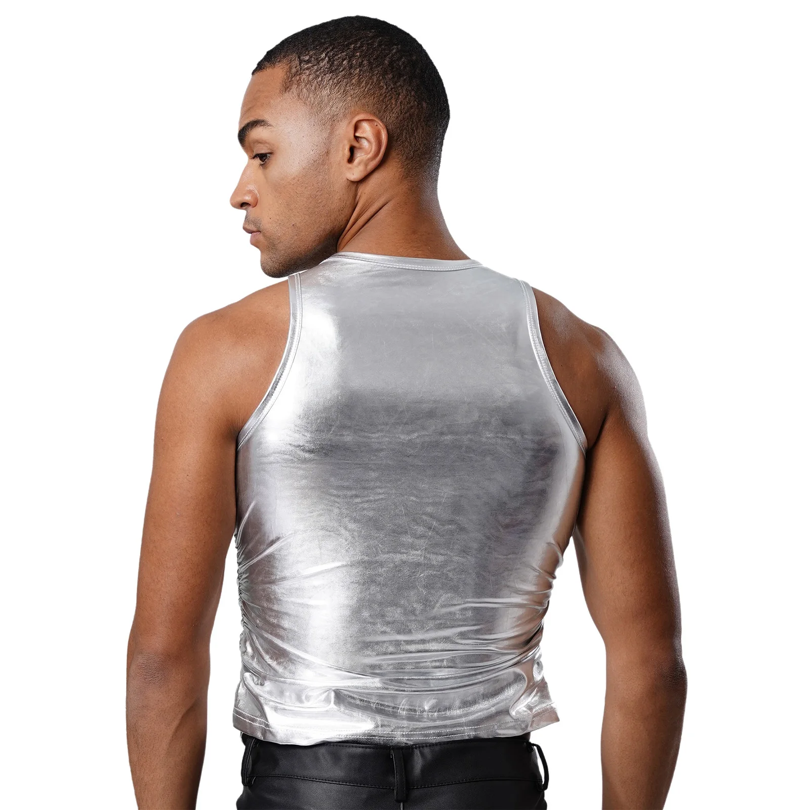 Men Glossy Metallic Shiny Slim-fit Tank Tops Party Dance Costume Round Neck Sleeveless Ruched Skinny
