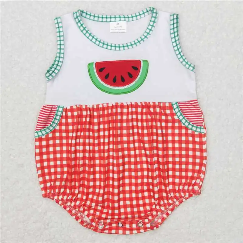 wholesale hot sale western boutique baby girls and boys clothes Embroidered watermelon rose red striped flying sleeve onesies