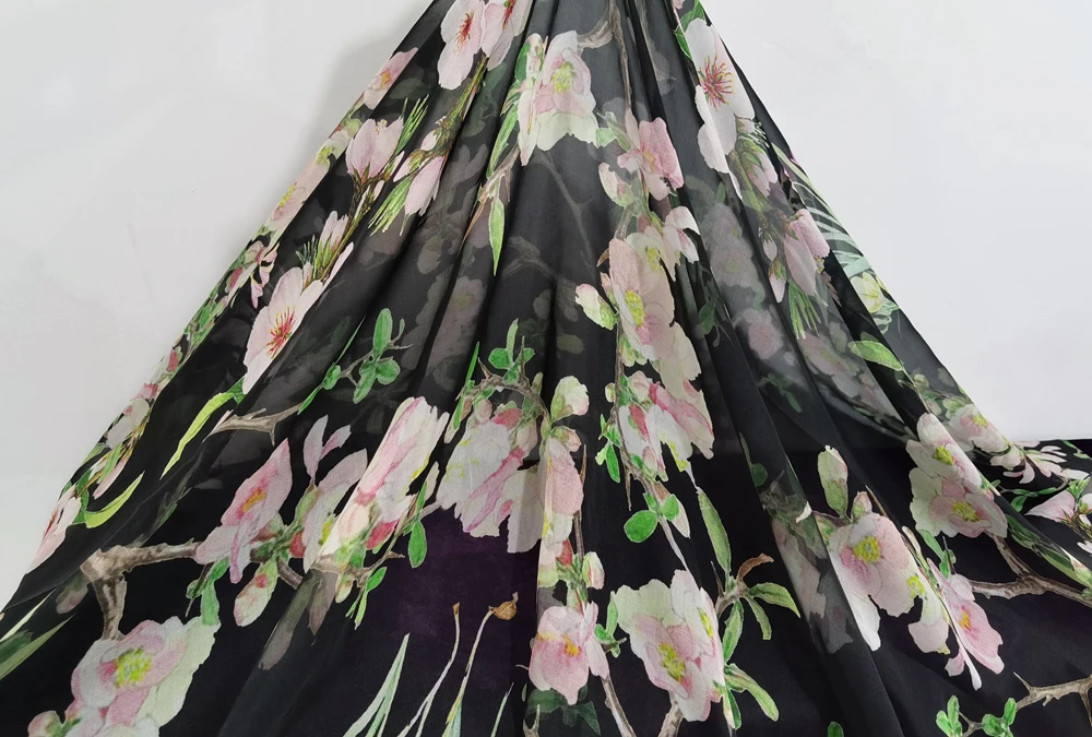 1 meter X 1.34 meter 100% Mulberry Silk Chiffon Fabric Black Pink Floral